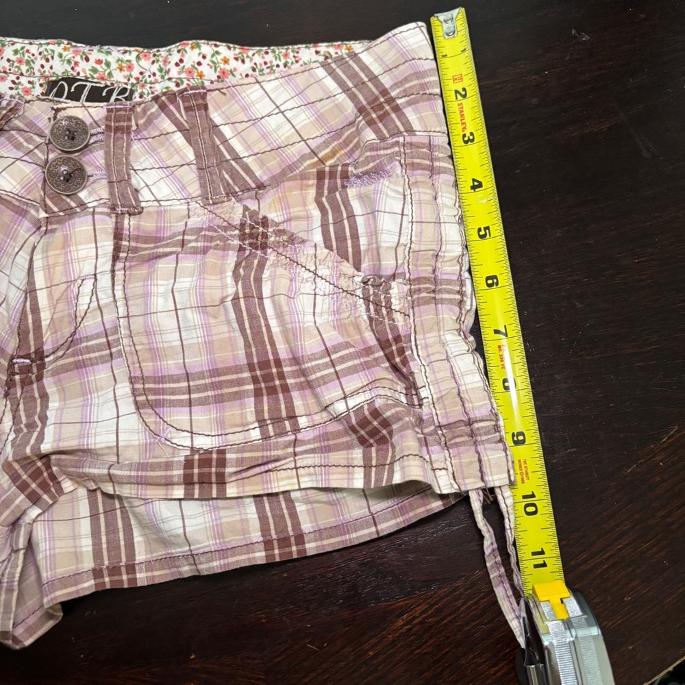 Y2K VTG Mcbling Plaid Low Rise Ruched Side Tie Shorts Brown Purple Size 5/6 Indi - Picture 9 of 14